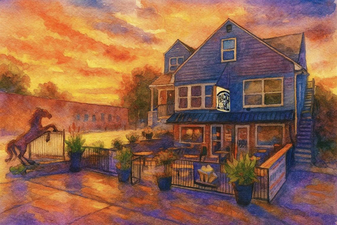 Painterly seaside house at sunset, with glowing orange sky, dock, and water reflections