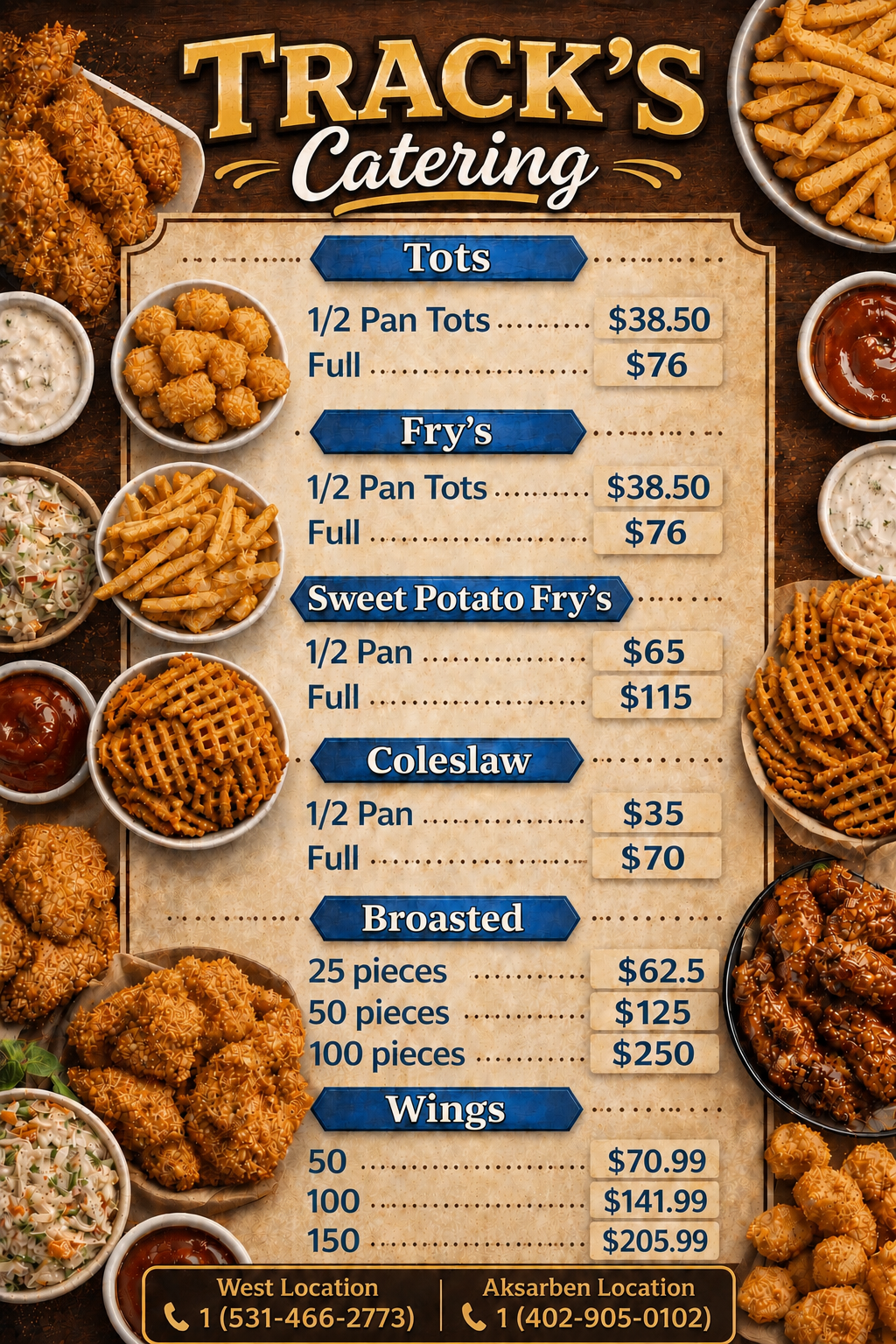 Restaurant menu poster for Tracks Catering with trays of fries, chicken, broasted chicken, and wings, with prices.
