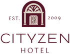 The logo for the cityzen hotel is a burgundy and white logo