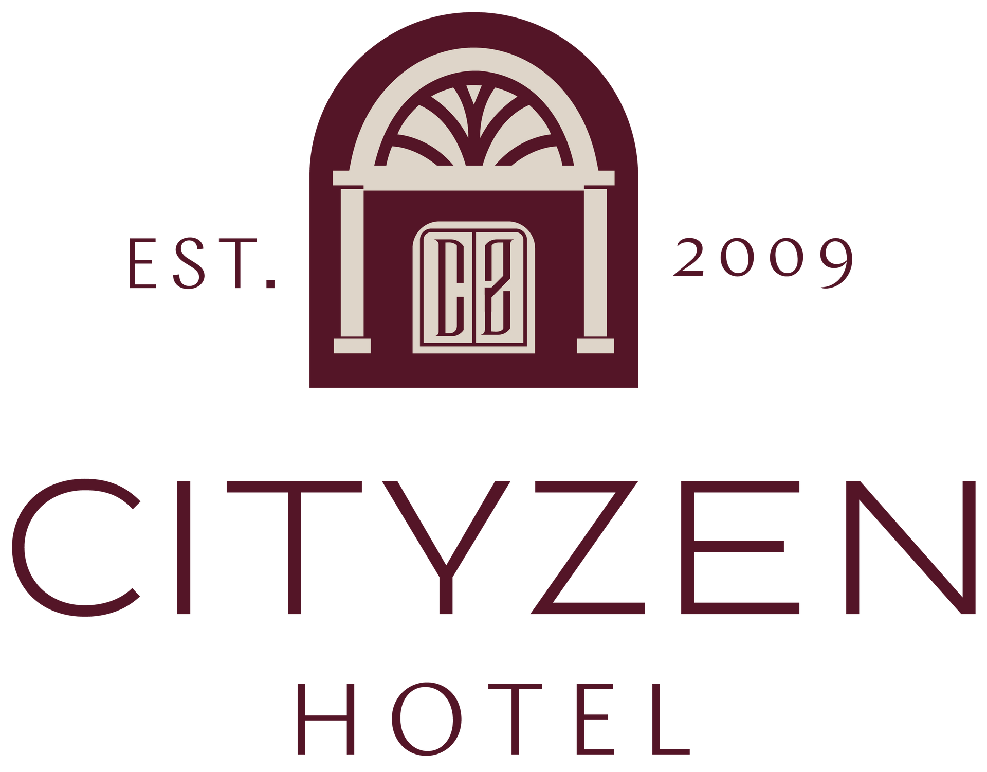The logo for the cityzen hotel is a burgundy and white logo