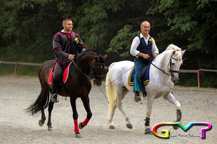 Due cavalieri a cavallo in un’arena sabbiosa, uno su un cavallo nero e l’altro su un cavallo bianco, con alberi sullo sfondo