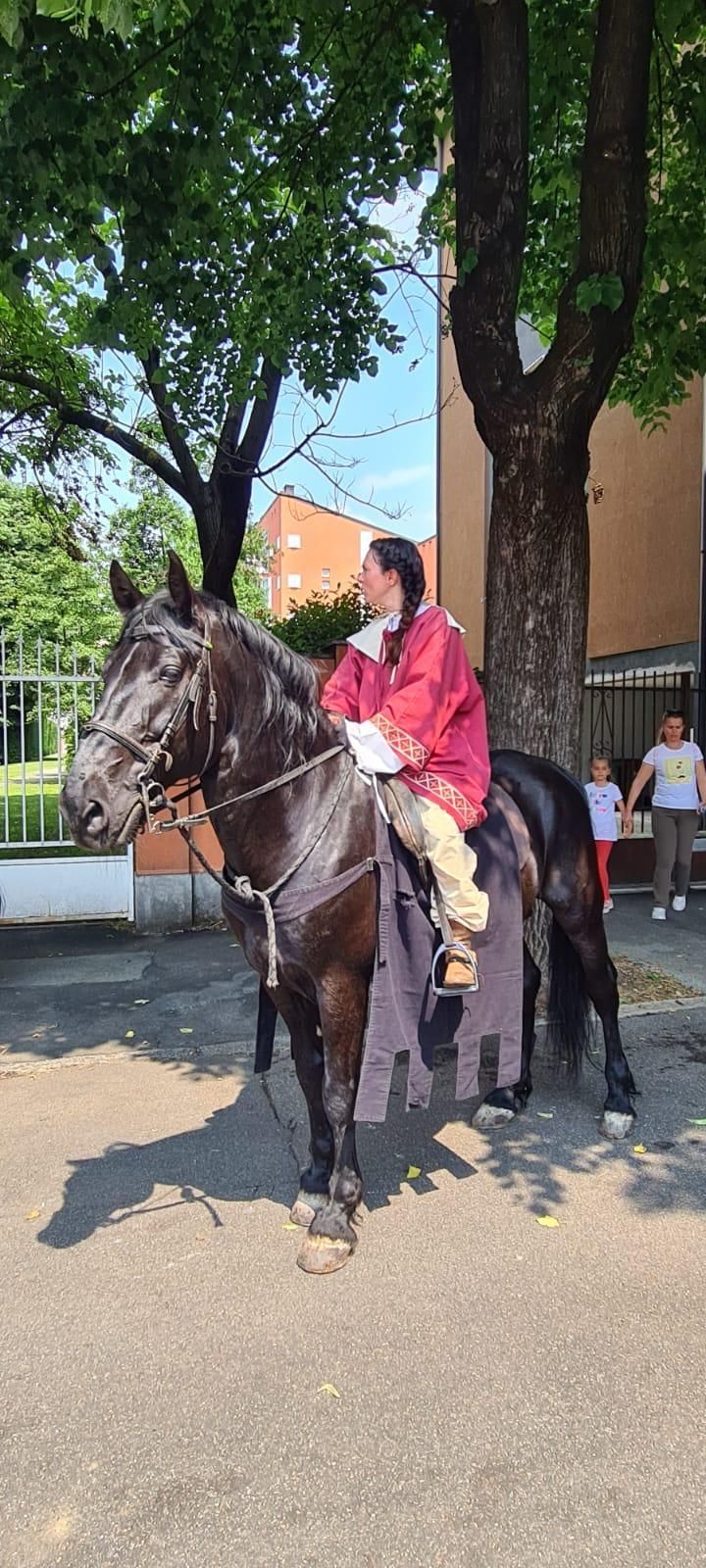 Uomo con camicia bianca e gilet scuro a cavallo di un cavallo bianco, con uno sfondo verde e frondoso