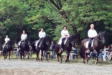 Cavalieri a cavallo con camicie bianche, in sella a cavalli neri, schierati all’aperto lungo un sentiero nel bosco