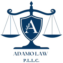 Logo for Adamo Law P.L.L.C. featuring a blue shield with a white