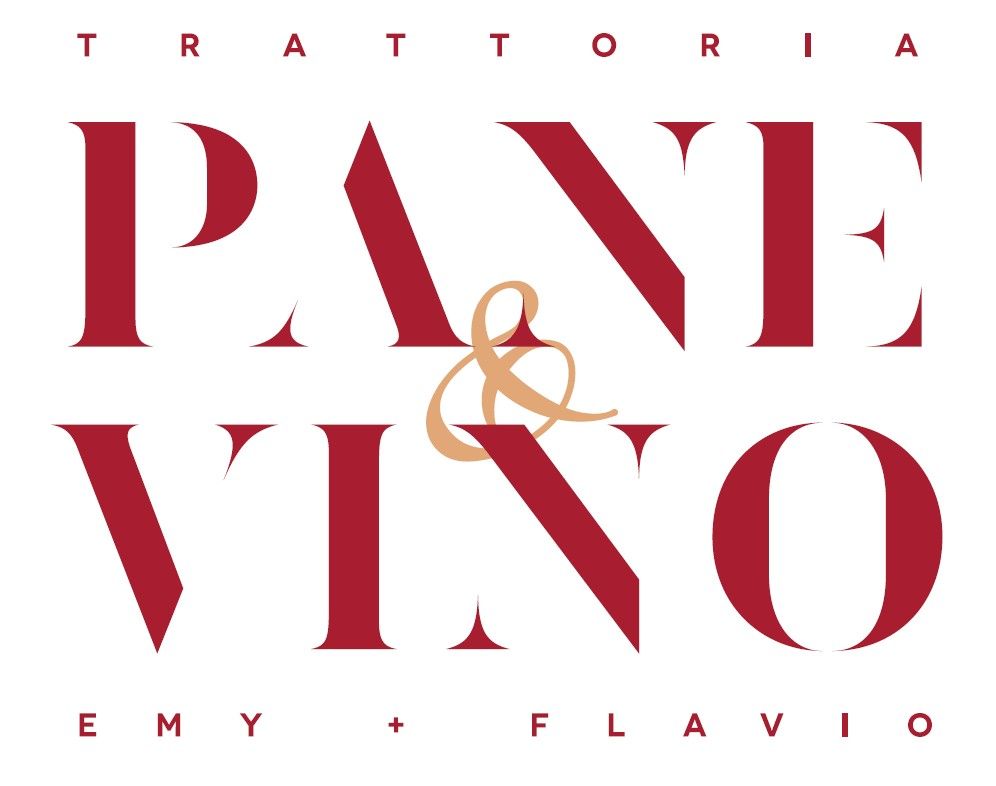 Logo per Trattoria Pane & Vino con testo serif rosso e e commerciale dorata su sfondo bianco.