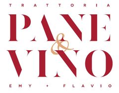 Logo per Trattoria Pane & Vino con testo serif rosso e e commerciale dorata su sfondo bianco.