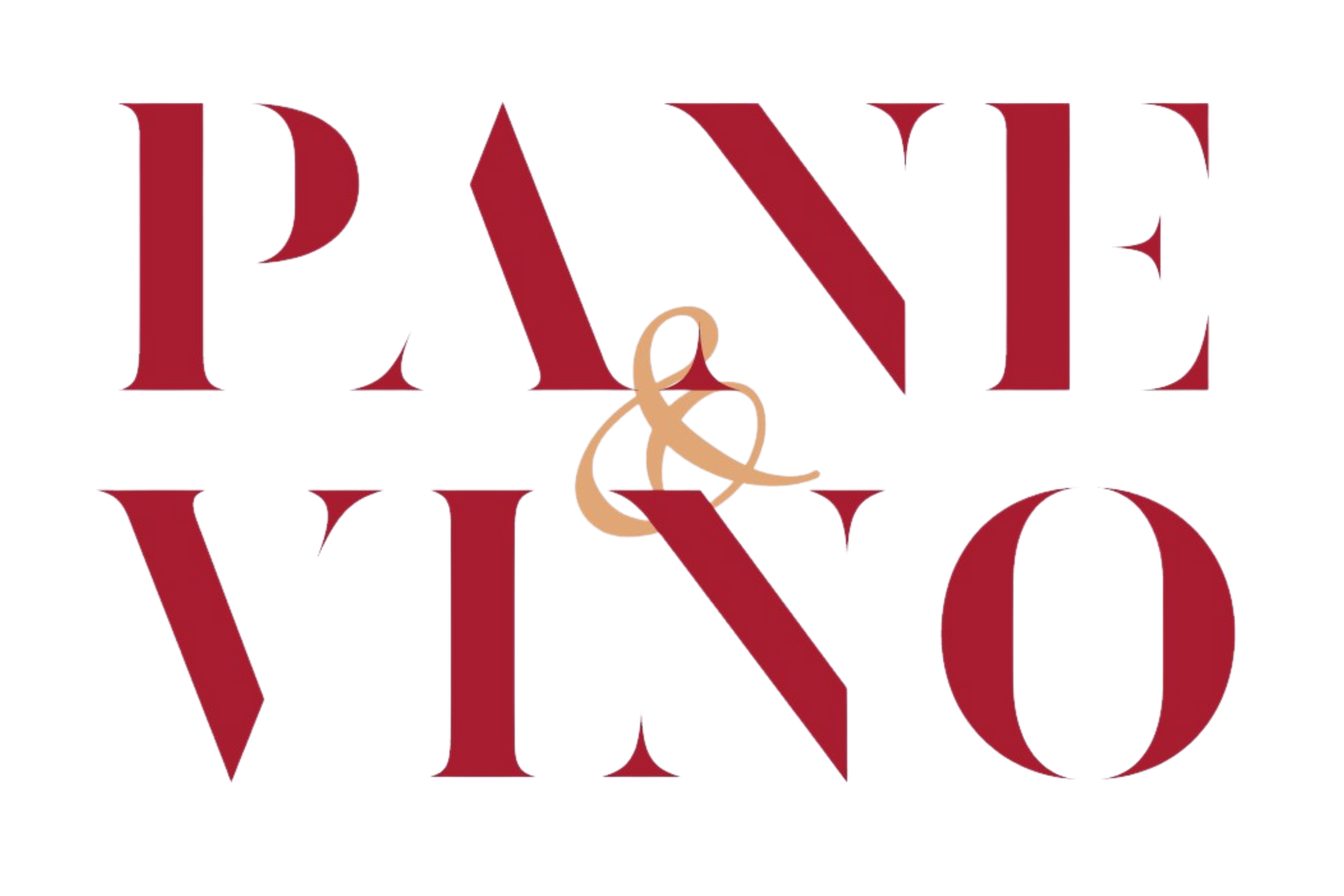 Logo di Pane Vino in lettere serif rosse con una e commerciale dorata su sfondo bianco.