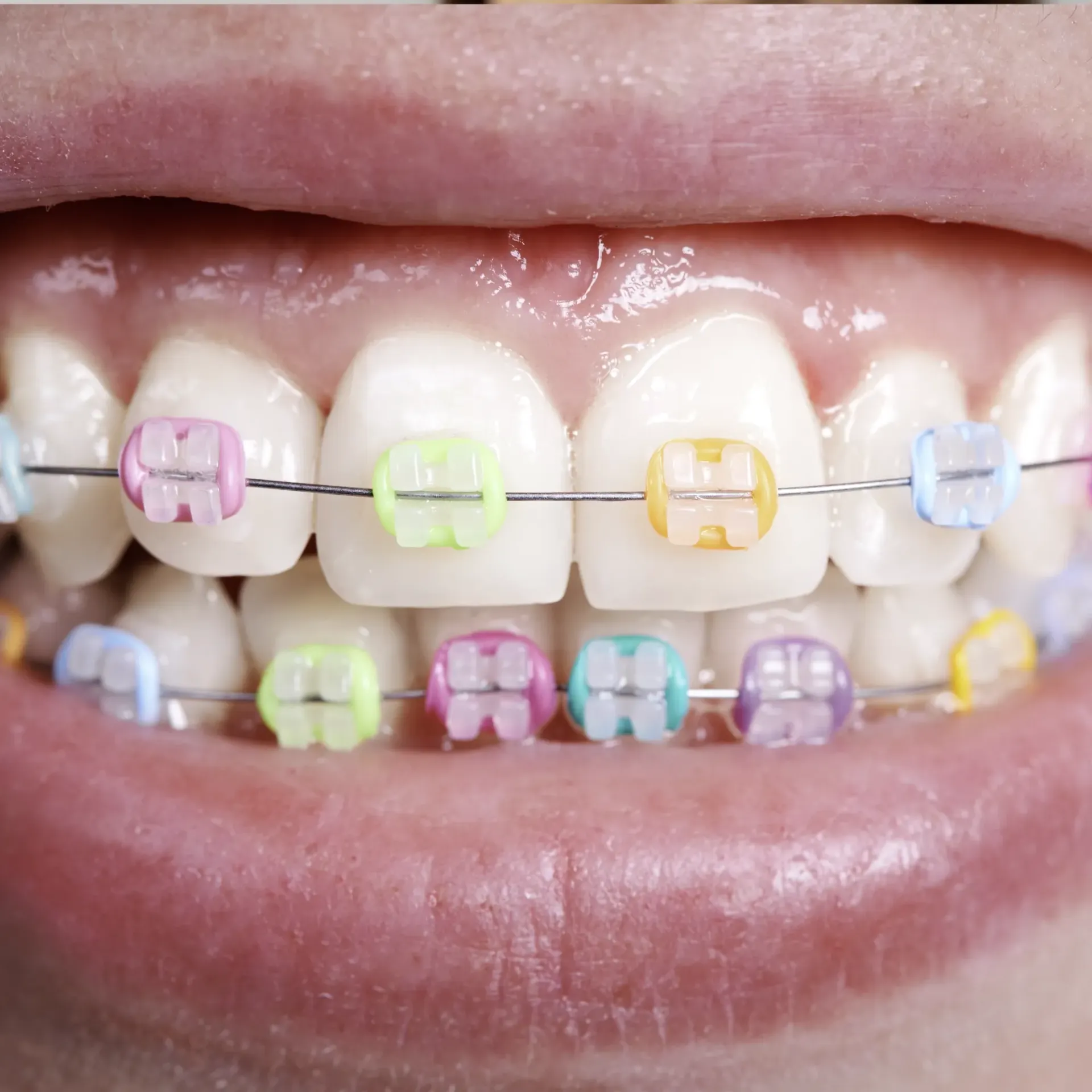 A close up of a person 's teeth with colorful braces