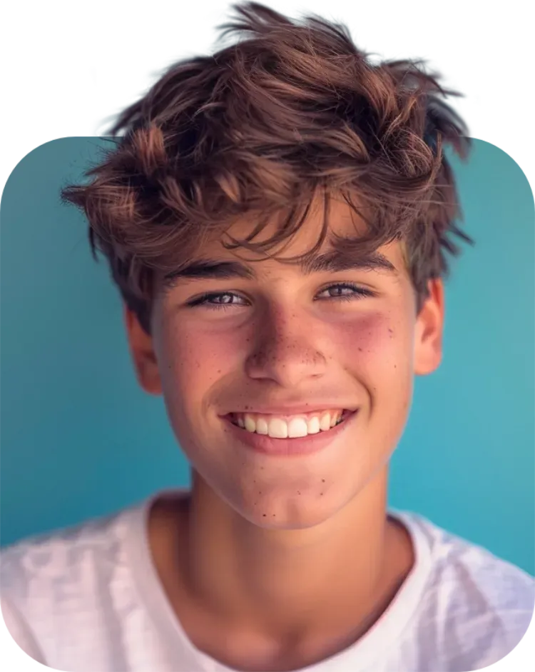 A young boy with curly hair is smiling for the camera.