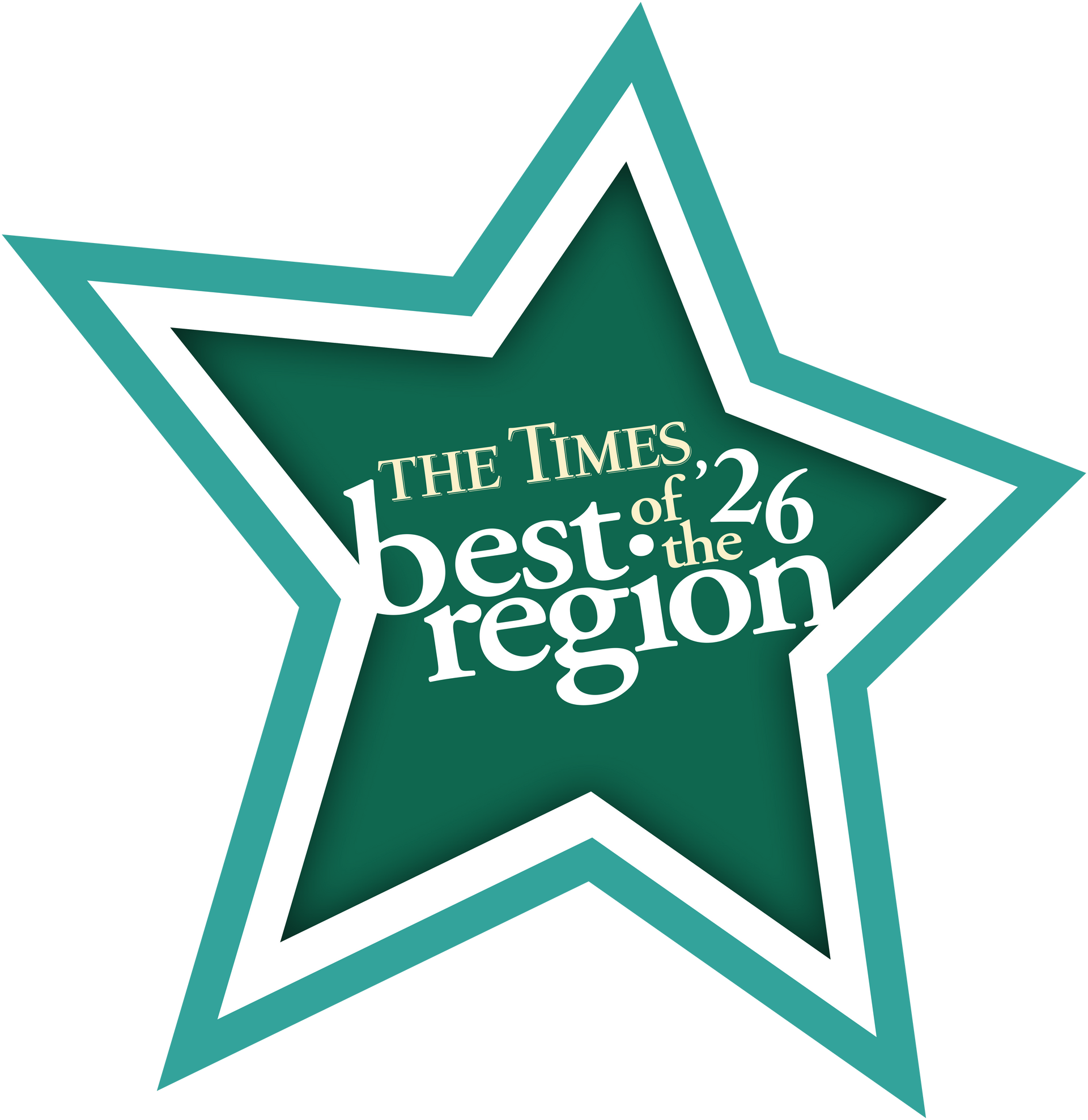 Teal and green star logo reading “The Times best of the region 26”
