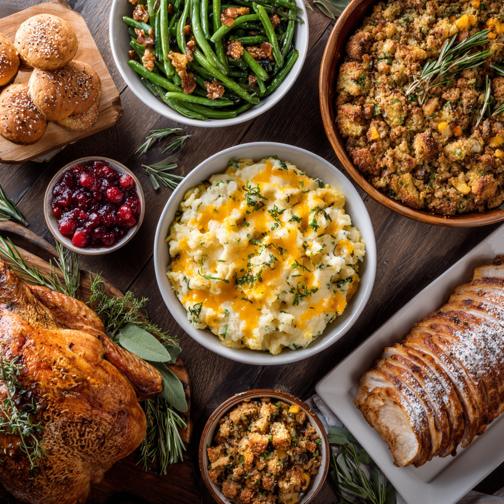Thanksgiving feast: roasted turkey, mashed potatoes, stuffing, cranberry sauce, rolls, and green beans.