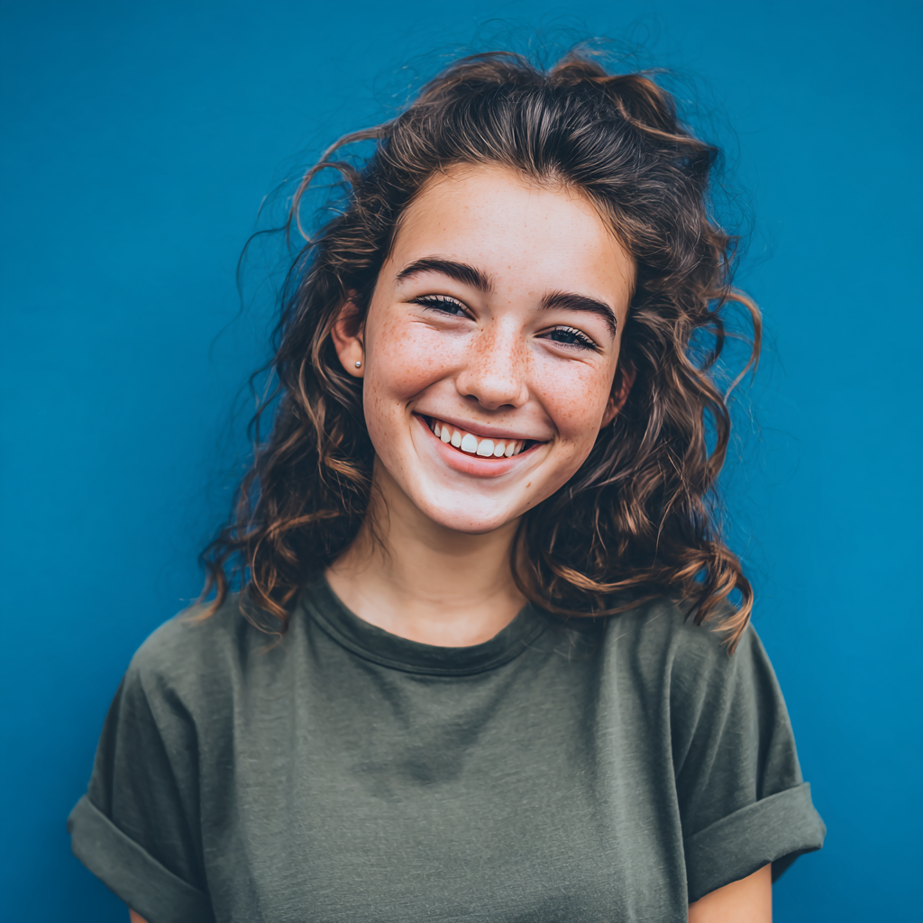 Young woman with freckles smiles at the camera, wearing a green shirt, against a blue backdrop.