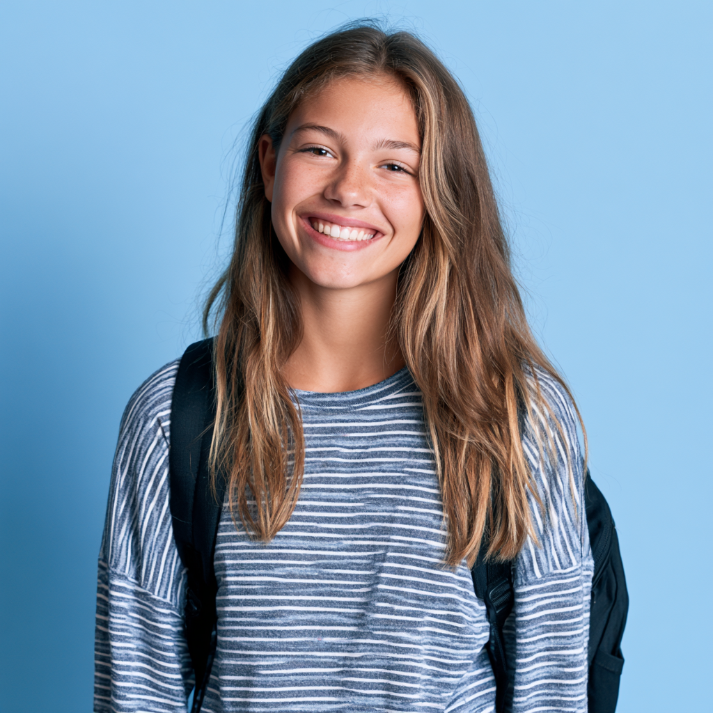 Smiling student with a backpack, wearing a striped shirt against a blue background