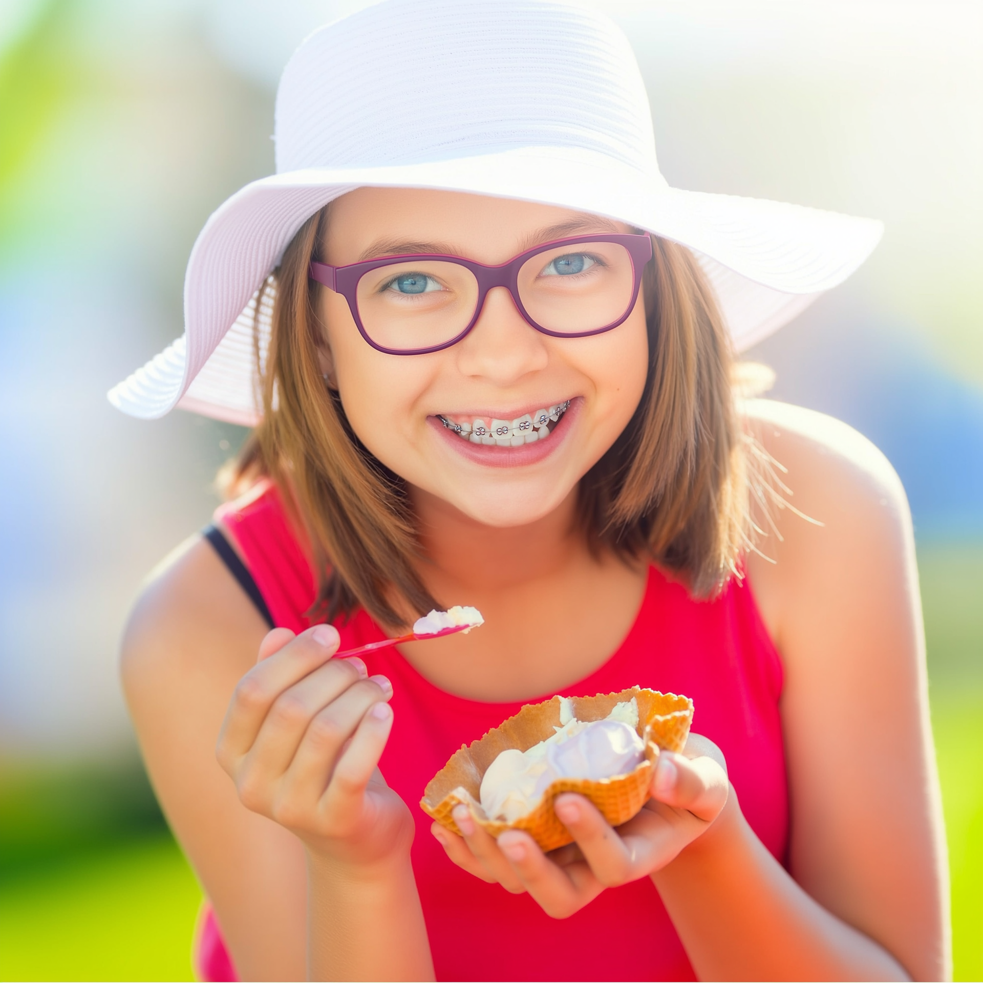 Smiling child in white sunhat holding a spoon and a cup of dessert, wearing a red top and glasses