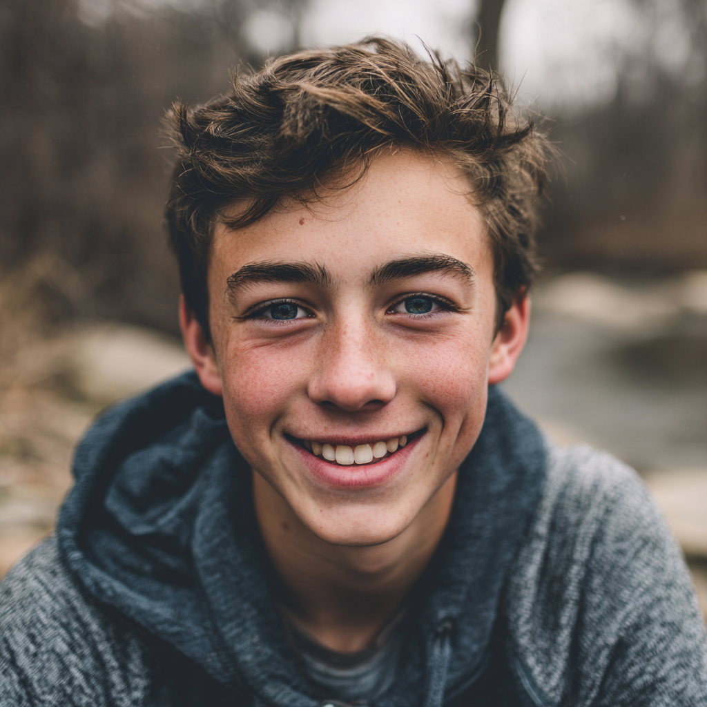 A smiling person with wavy brown hair wearing a dark gray hooded sweatshirt, set against a blurred outdoor background.