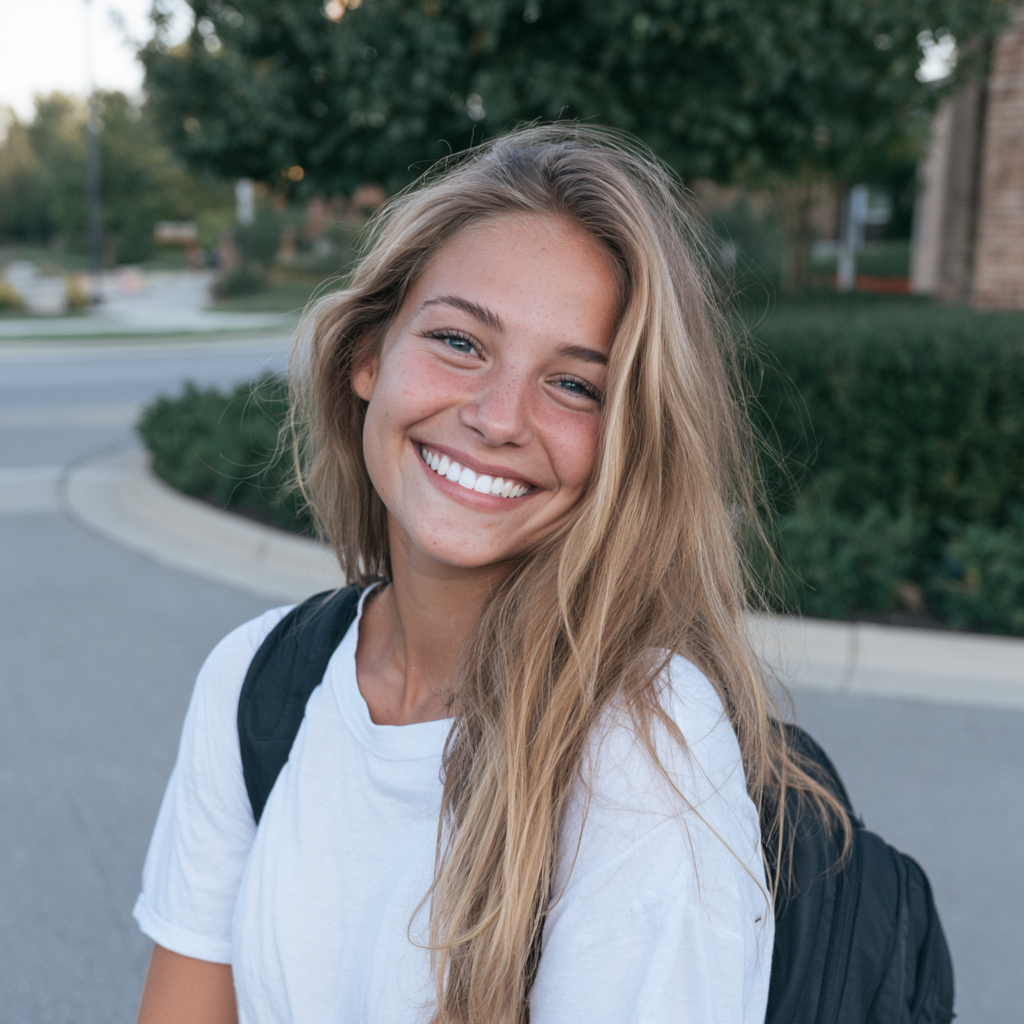 Smiling person with long blonde hair and backpack standing on a street outdoors