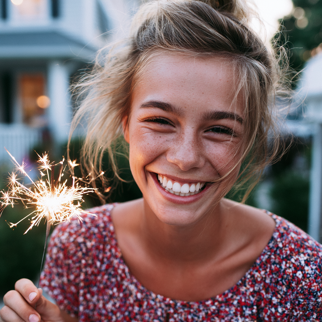 Smiling person holding a lit sparkler outdoors at dusk