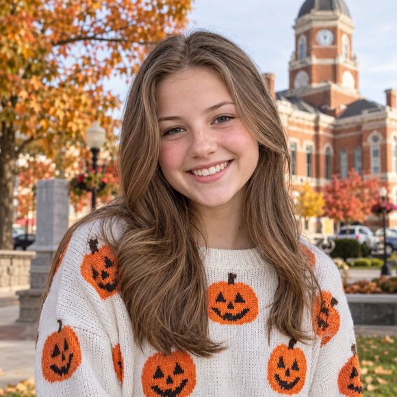 Smiling person in a white pumpkin sweater with autumn trees and a brick building in the background