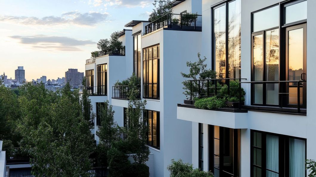 A row of apartment buildings with lots of windows and balconies