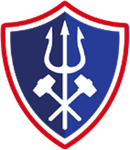 Blue shield emblem with white trident and crossed hammers, outlined in red and white.