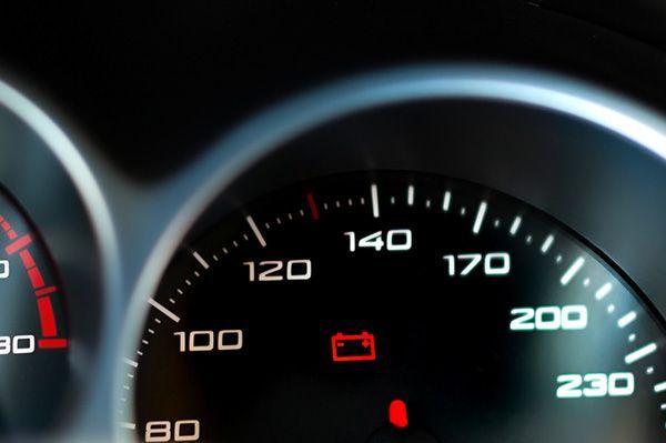 Car dashboard displaying a battery warning light and speedometer at approximately 130. | Morin Brothers Automotive