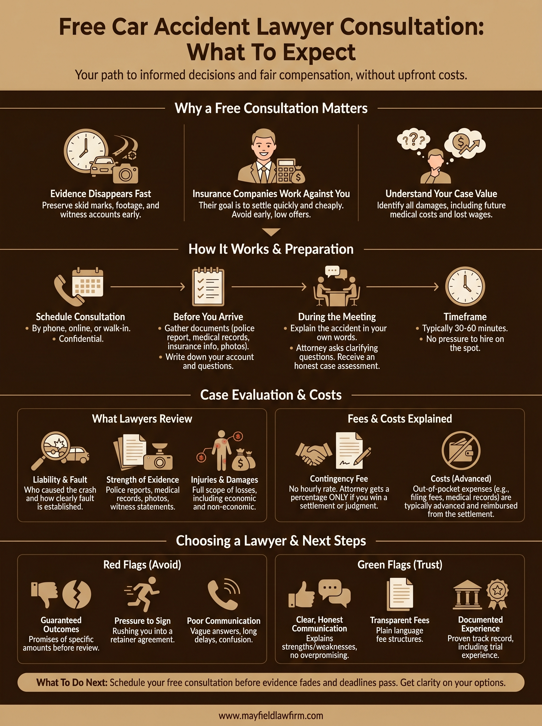 Infographic on free car accident lawyer consultation, with steps, fees, and contact details on a dark background