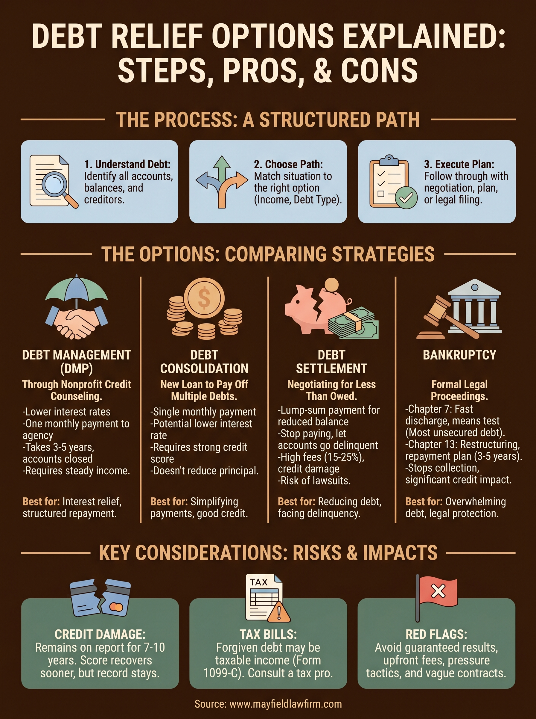 Infographic on debt relief options, comparing debt consolidation, settlement, credit counseling, and bankruptcy.