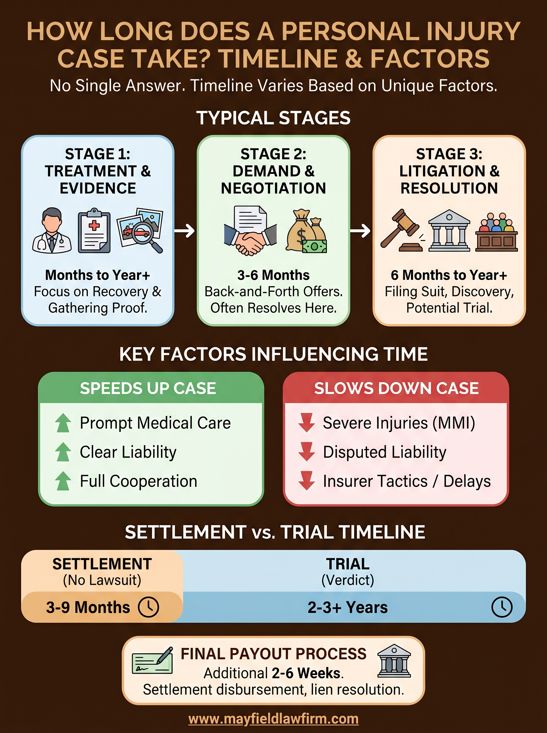 Infographic on personal injury case timeline and factors affecting settlement time, with three stages and key speed-up/slow-down factors