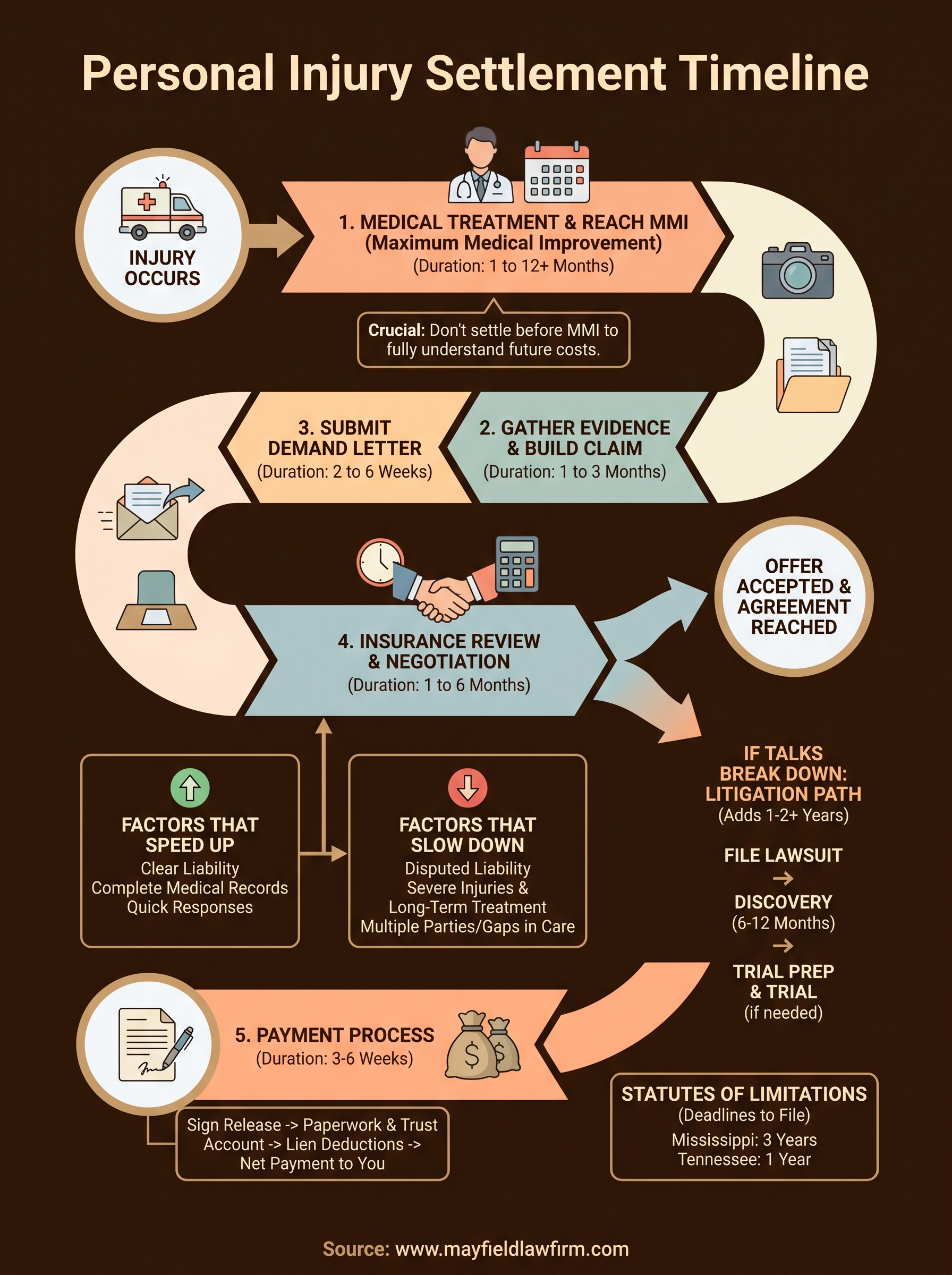 Infographic titled “Personal Injury Settlement Timeline” with colored step-by-step process arrows and icons.