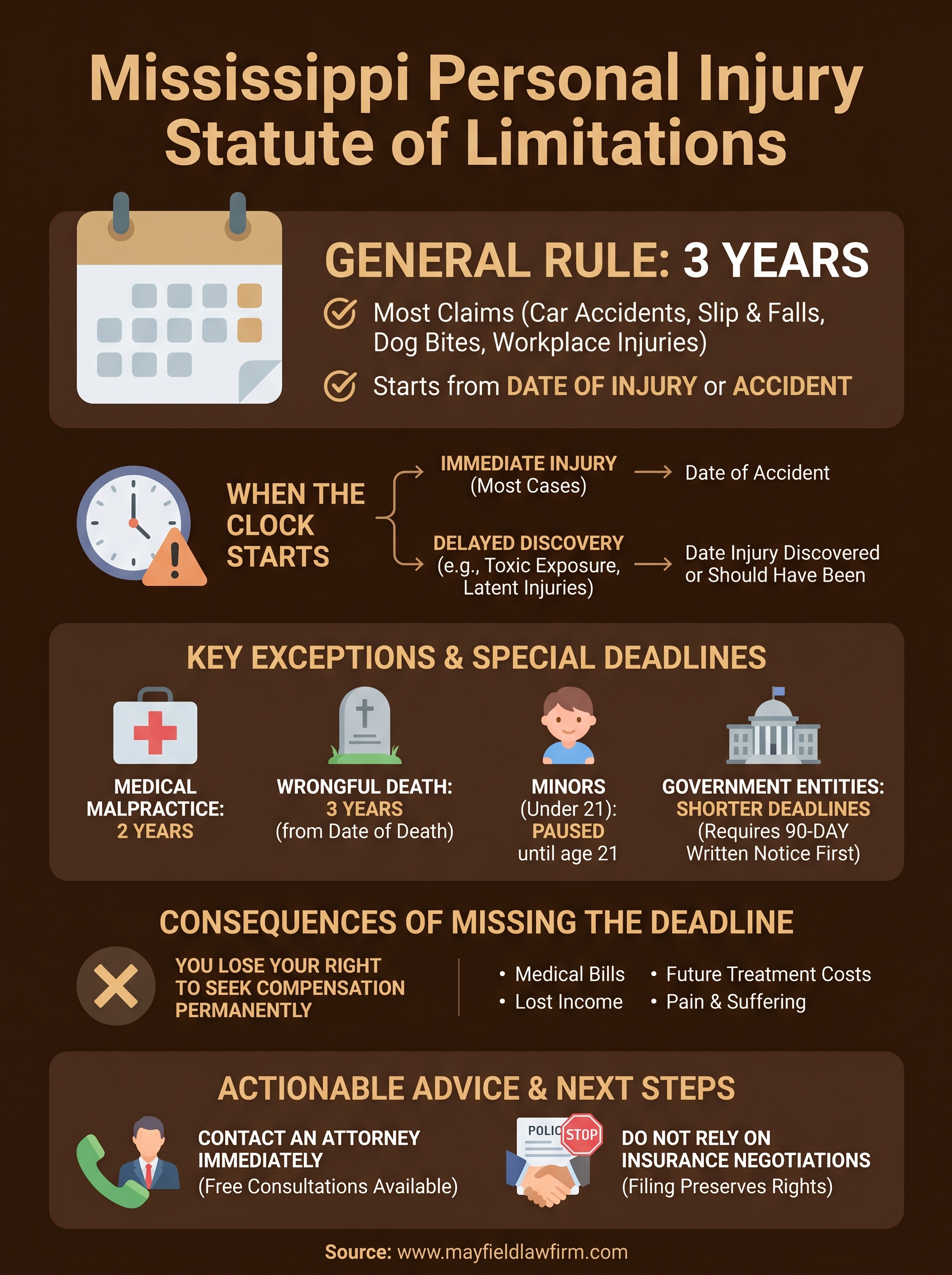 Infographic on Mississippi personal injury statute of limitations, with deadlines, exceptions, and legal advice sections.