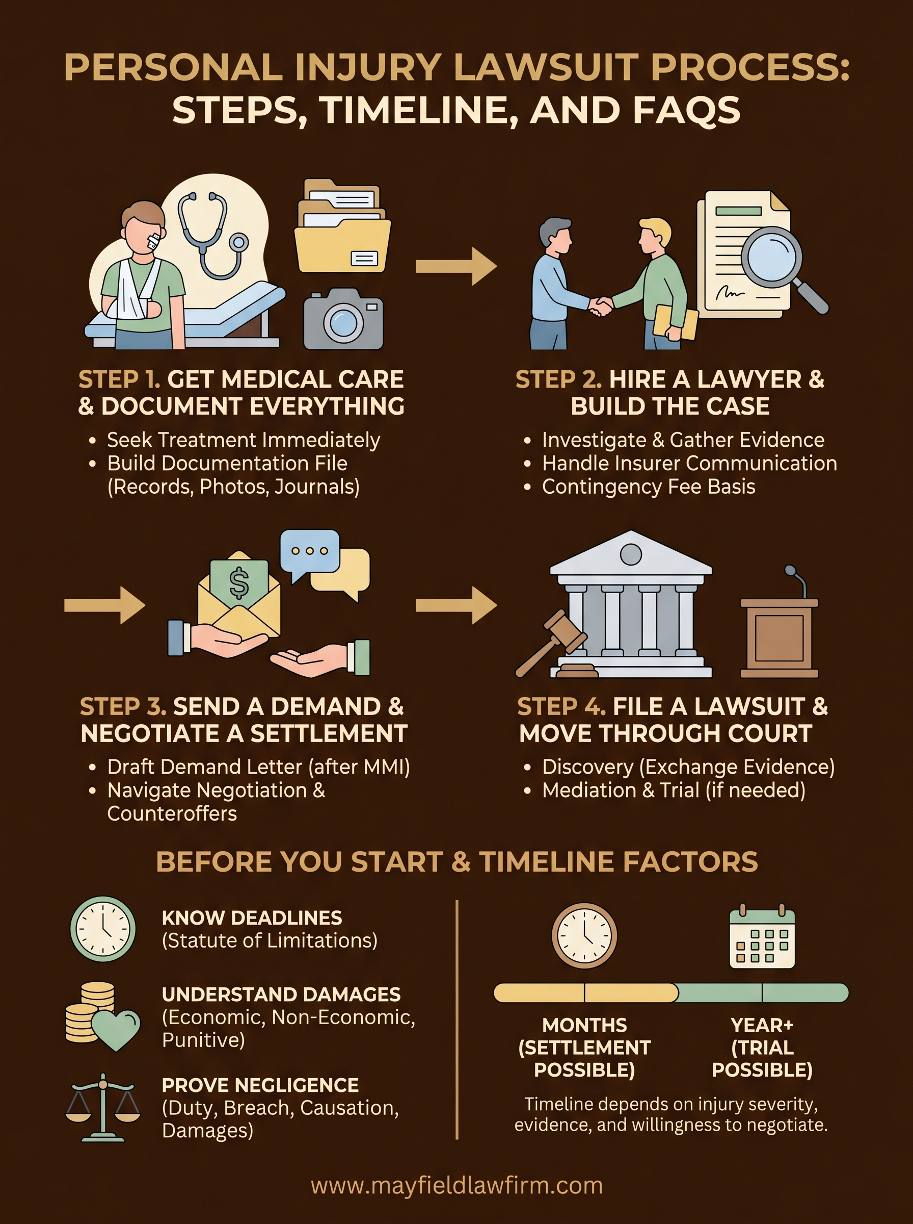 Infographic on personal injury lawsuit process with six illustrated steps and timeline tips.