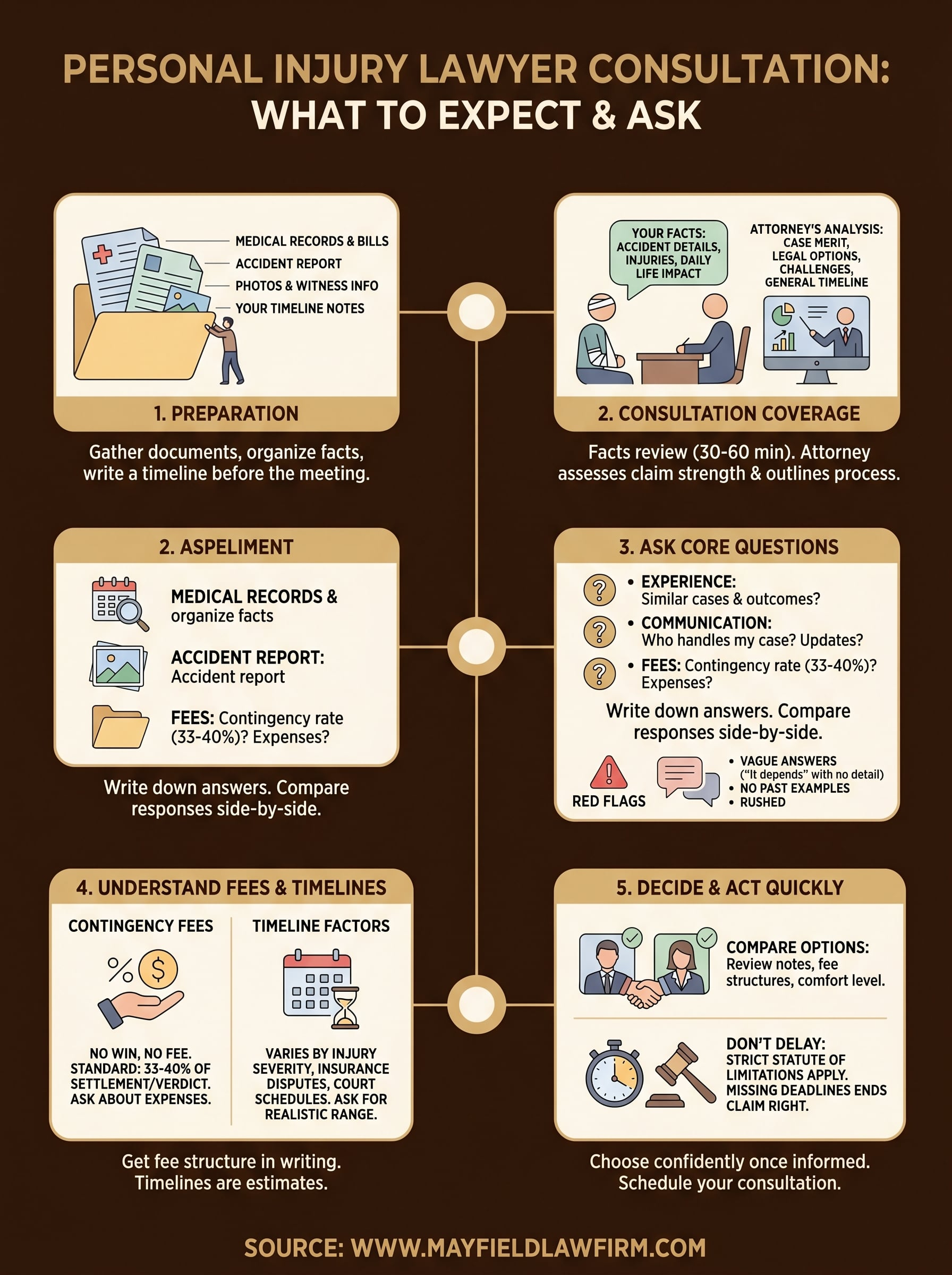 Infographic titled “Personal Injury Lawyer Consultation: What to Expect & Ask” with six illustrated panels on a brown background