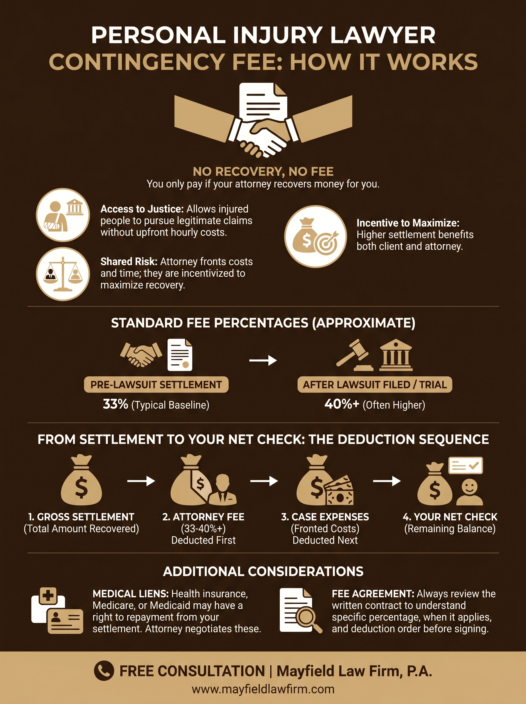 Infographic about personal injury lawyer contingency fees, in brown and white, with icons and fee breakdowns.