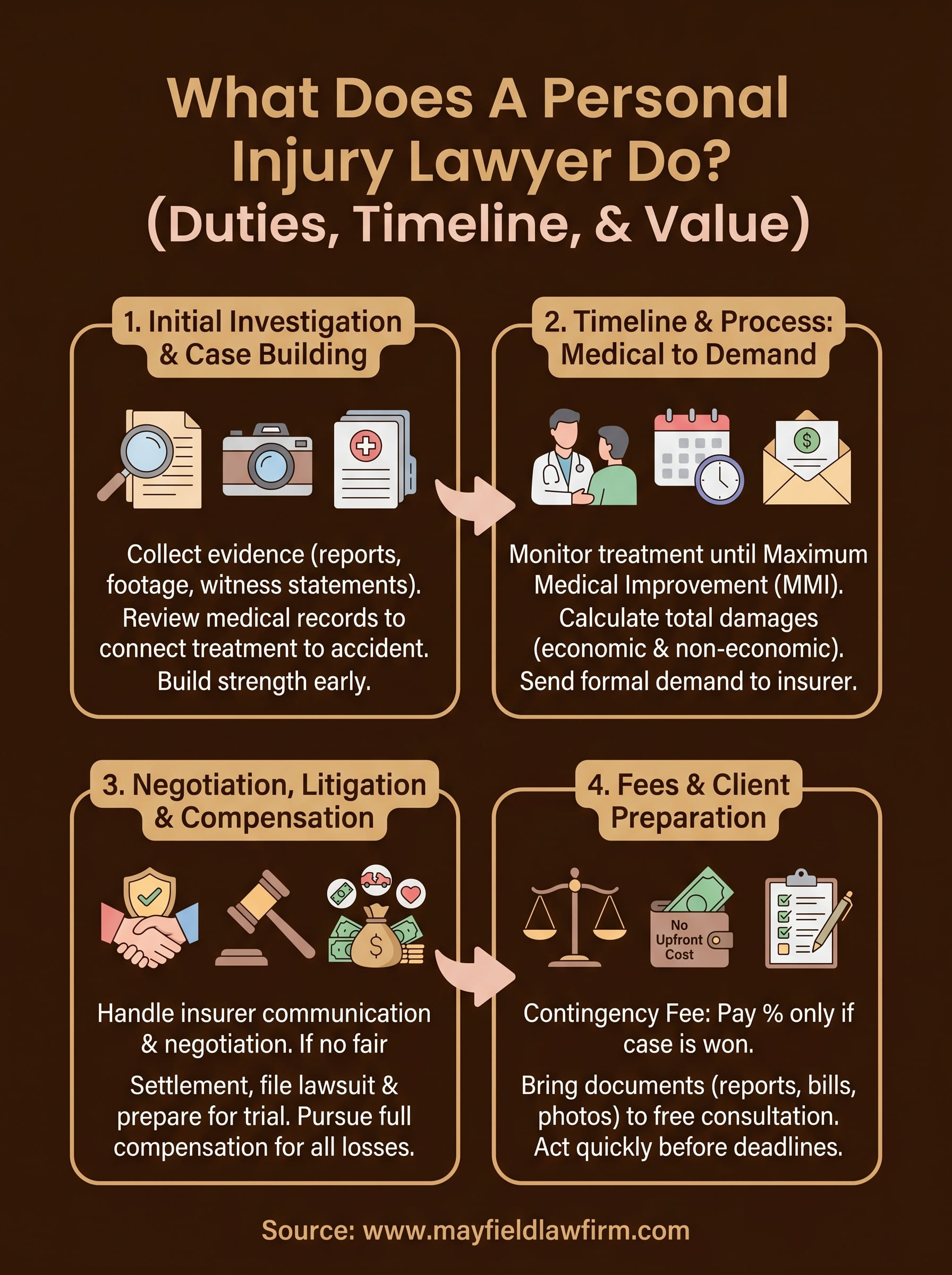 Infographic on personal injury lawyer duties with four panels on a dark brown background.