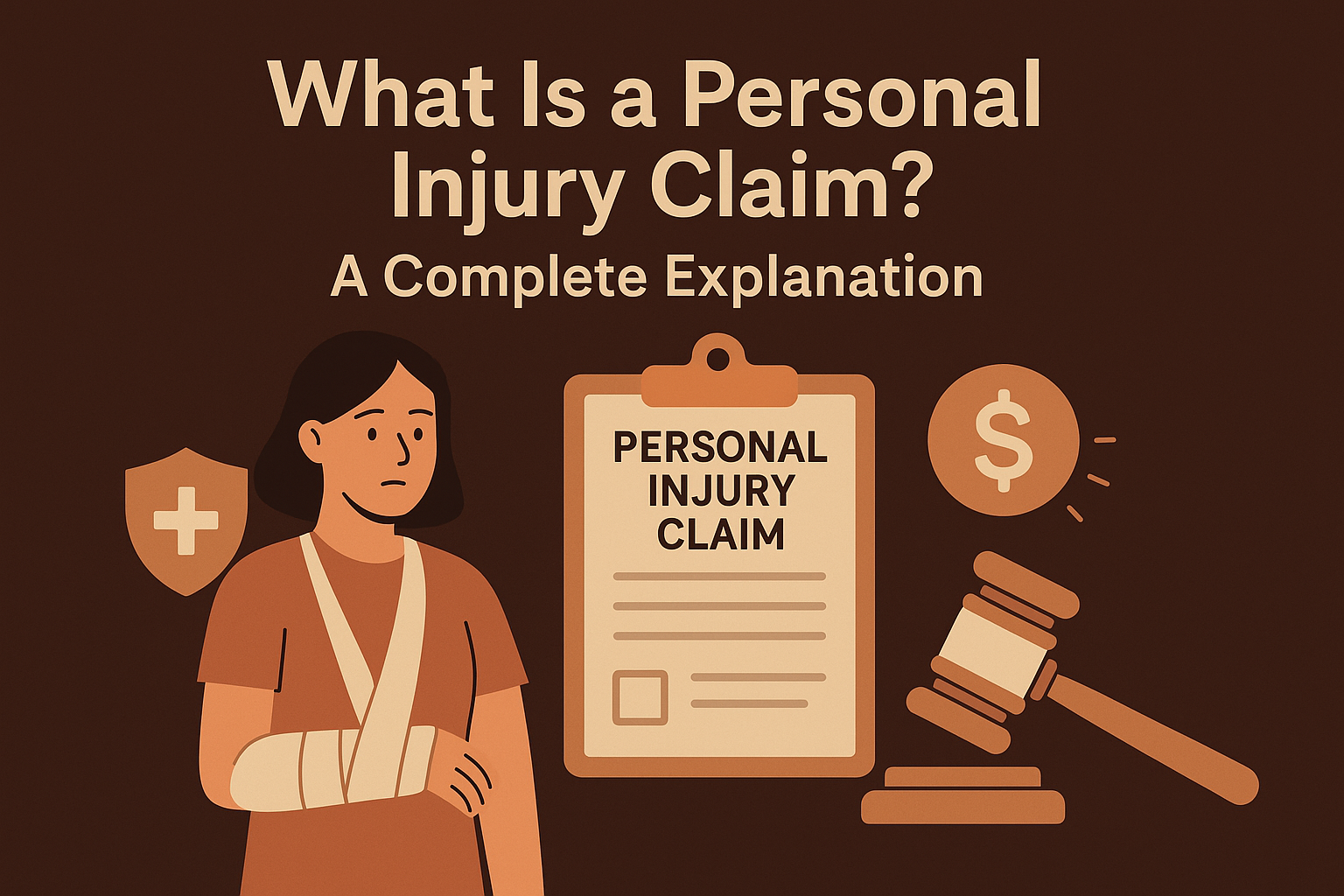 Infographic titled “What Is a Personal Injury Claim?” with a woman, claim form, money icon, and gavel.