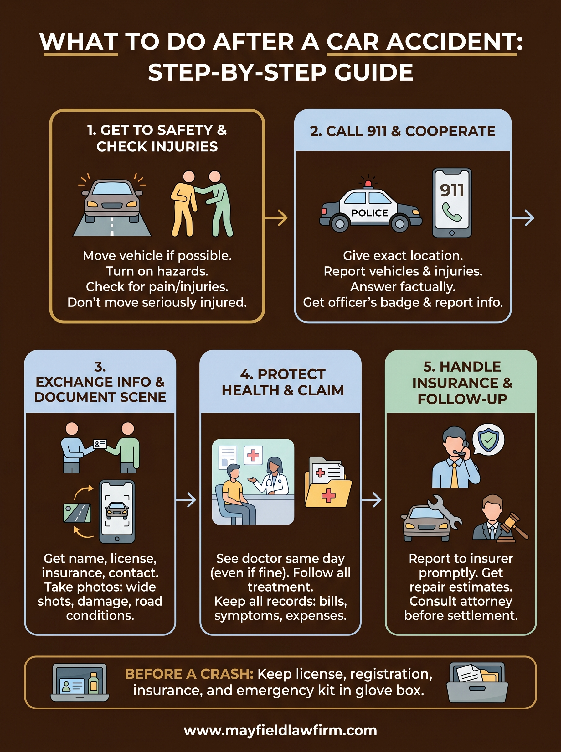 Infographic: what to do after a car accident, with five safety and claim steps on a brown background.