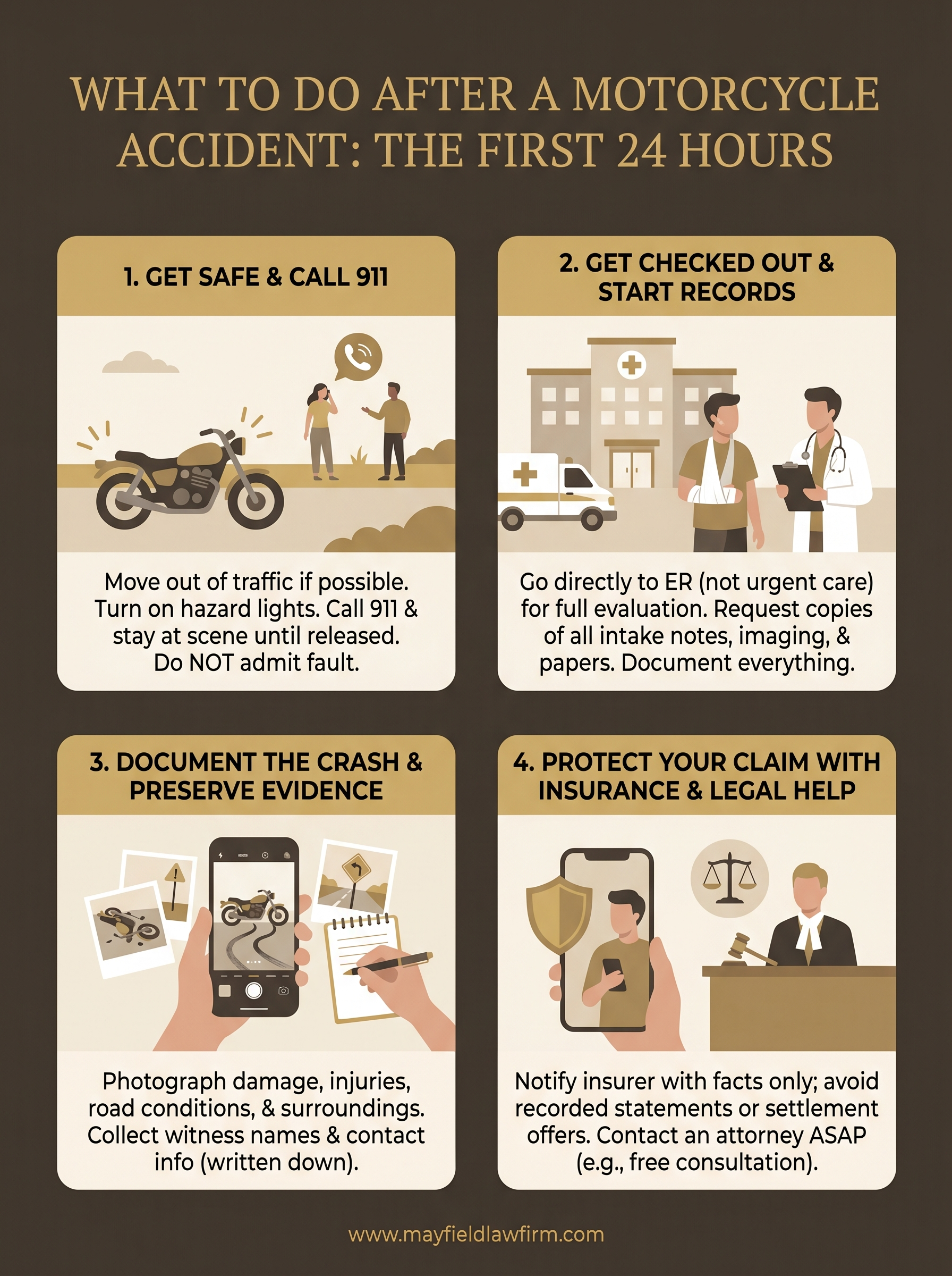 Motorcycle accident safety steps infographic with four illustrated panels and a tan background