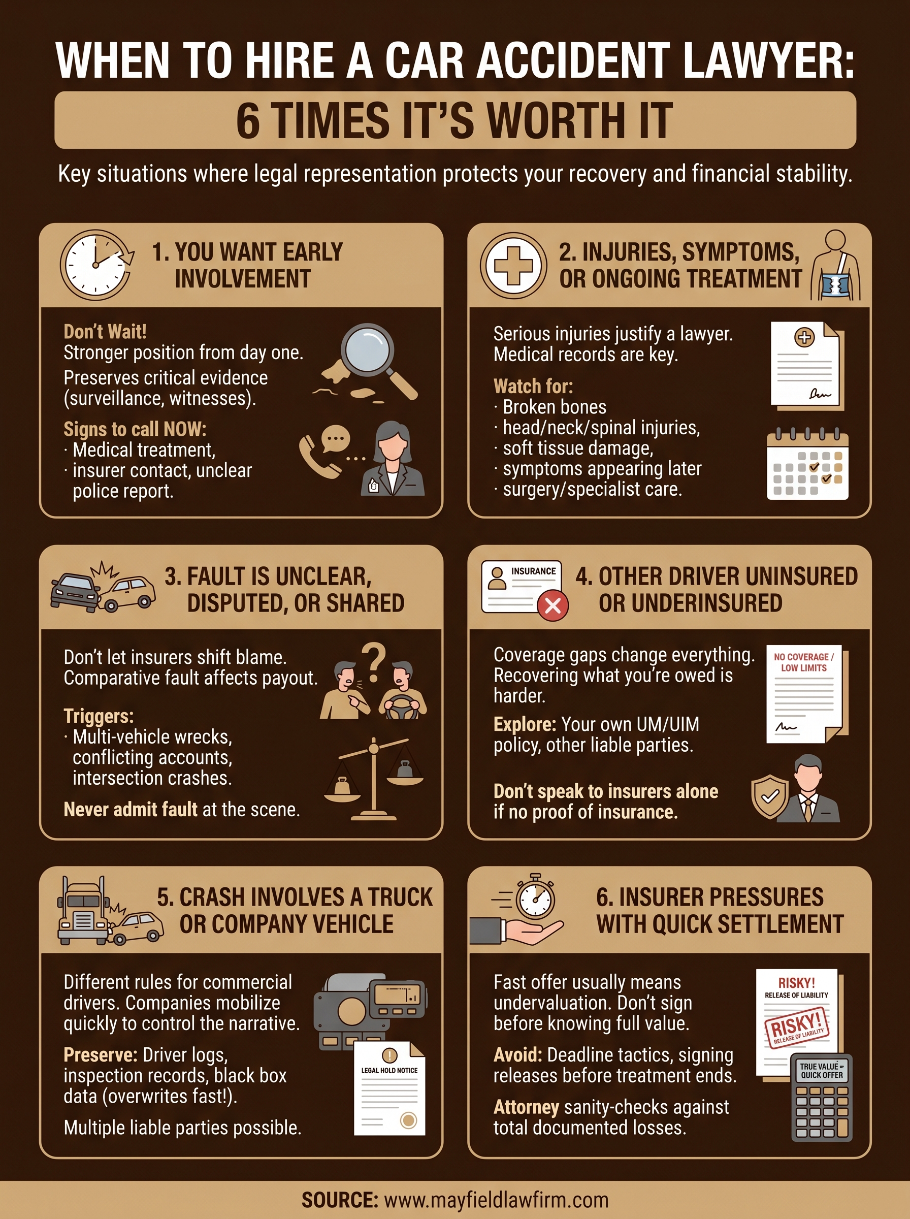 Infographic on when to hire a car accident lawyer, with six warning signs in brown and white panels.