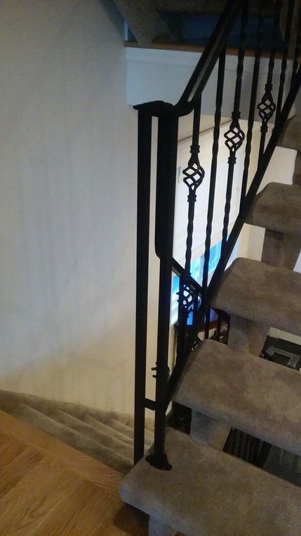 Indoor staircase with carpeted steps and black iron railing beside a wall and hardwood floor.