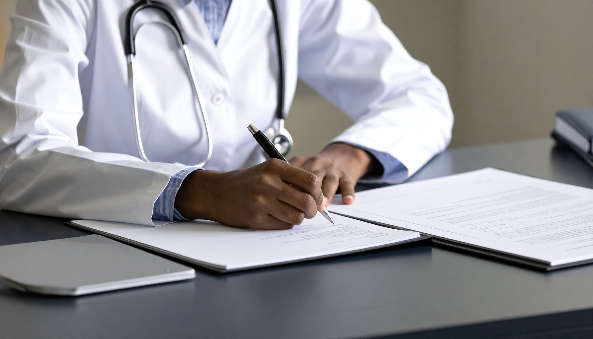 Doctor writing notes at a desk with open documents and a stethoscope around the neck