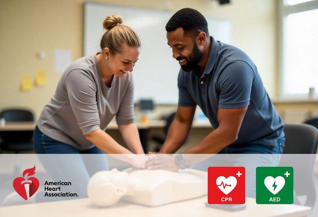 A man and a woman are practicing using an aed on a mannequin.