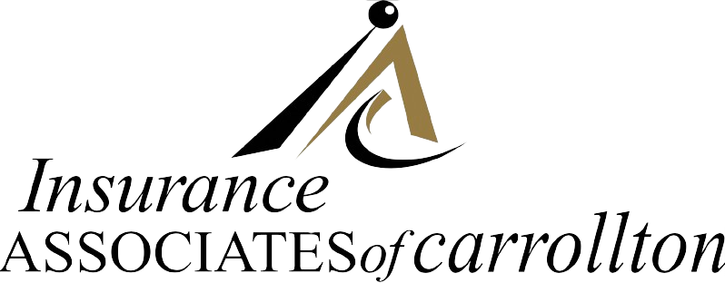 The logo for the insurance associates of carrollton is black and gold.