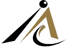 A black and gold logo with a triangle and a ball