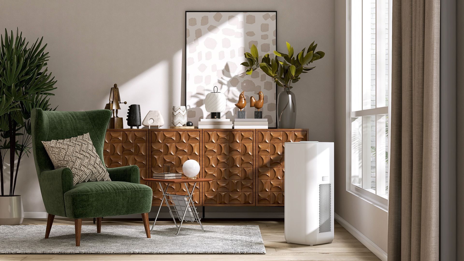 Mid Century Modern living room with accent chair, table, and custom drapery.