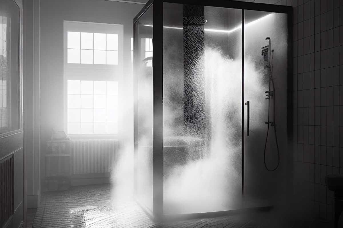 A pair of white Plus Woodlore® shutters in a bathroom that has filled up with steam