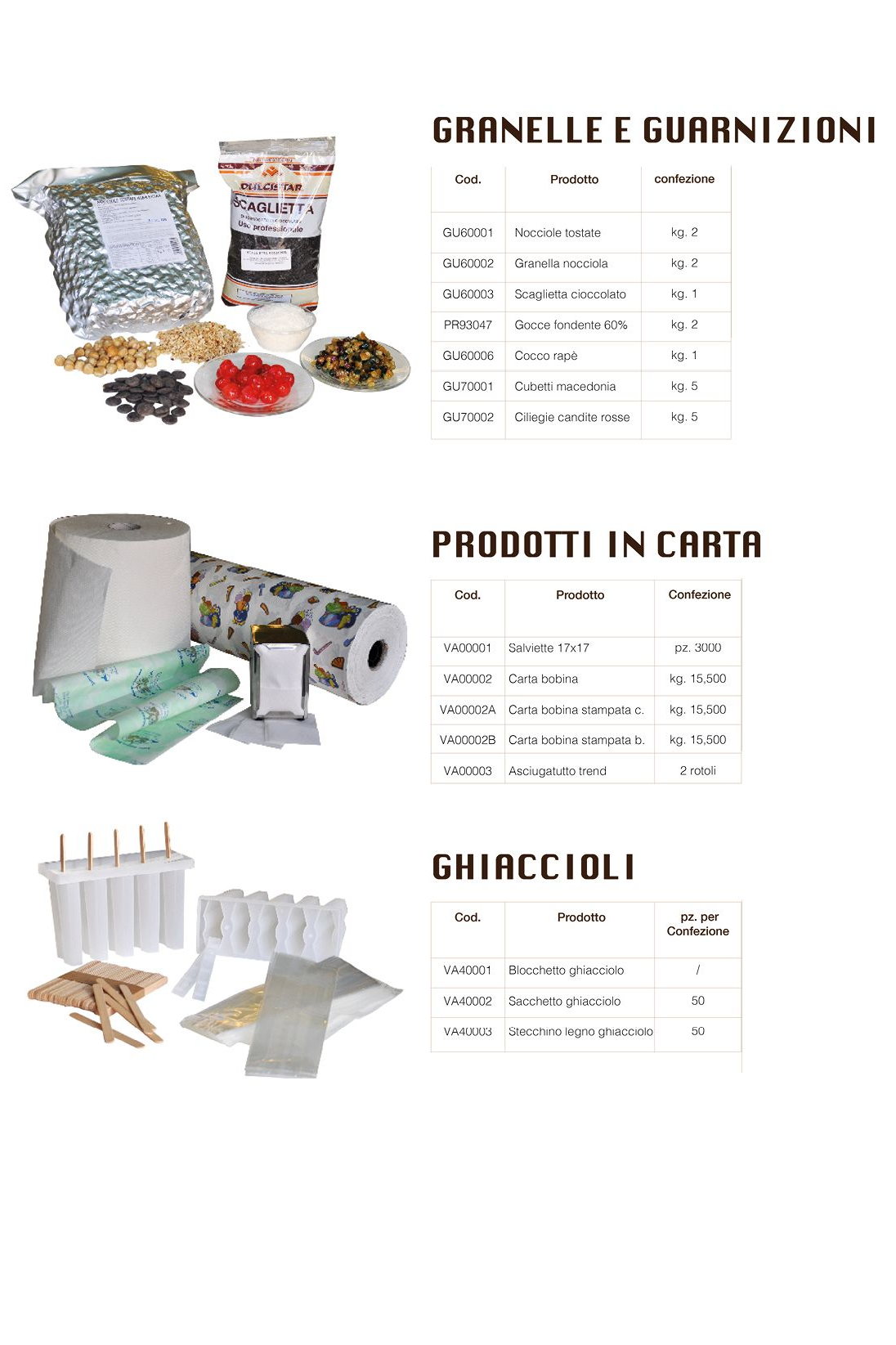 granelle e guarnizioni per gelato, prodotti in carta e formine per ghiaccioli