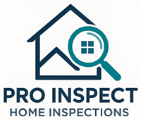 Pro Inspect Home Inspections logo with house outline and magnifying glass in blue and teal