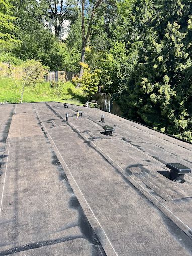A roof with a lot of vents on it and trees in the background.