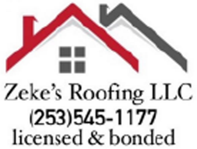 A logo for a roofing company called zeke 's roofing llc.
