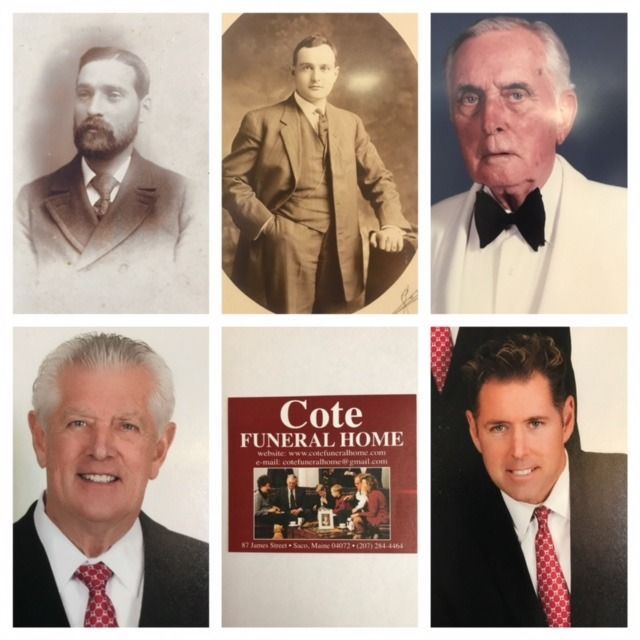 Six-panel collage of men’s portraits and a Cote Funeral Home logo in the center